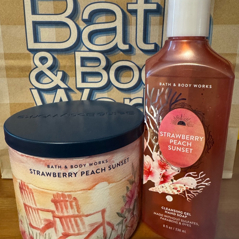 Strawberry Peach Sunset Set 3-Wick Candle & Hand Soap NWT BBW